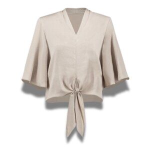 MODERN WORKS Flutter Sleeve Tie Front Cream Ivory Off White Blouse Small S